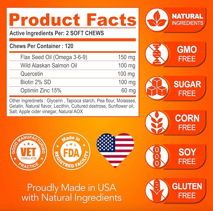 Omega 3 for Dogs - Skin and Coat Supplement - Fish Oil for Dogs Chews - Allergy and Itch Relief - Anti Shedding Supplement - Dry Skin Treatment - Salmon Oil - Made in USA - 120 Soft Treats