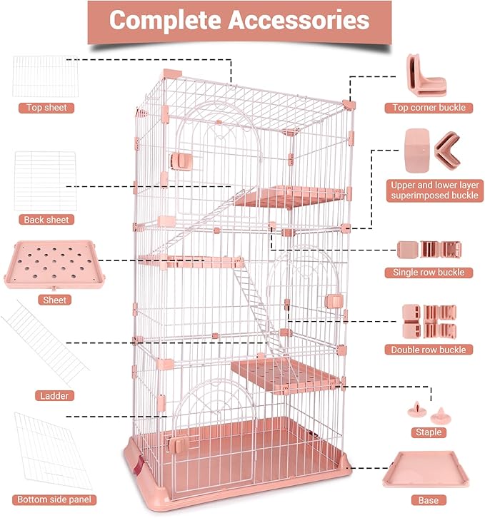 4-Tier Wire Cat Cage Playpen Kennel, 64 Inch Cat Catios Large Space for 1-3 Cats, Pink Cat Crate with 3 Platforms 3 Front Doors 2 Ramp Ladders (Large - 64.4" H x 32.6" L x 23.6" W)