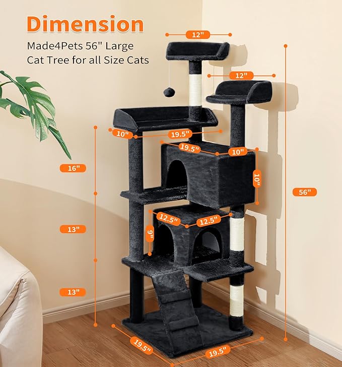 Made4Pets Cat Tree Tower 56" Cat Tower for Indoor Cats Kitten Tree Multi-Level Cat Tree with 2 Condo Furniture Activity Center with Scratching Posts Funny Toys (Black)