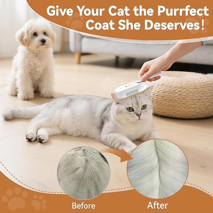 4 in 1 Pet Steam Brush for Shedding,Rechargeable cat brushes for indoor cats,Quiet Detangling Brush for Long Haired Cats and Dogs(White)