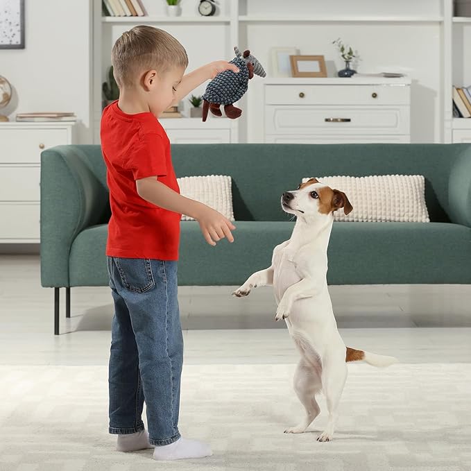 Hollypet Plush Dog Squeaky Toy Stuffed Armadillo Animal Pet Puppy Chew Toys with Clean Teeth for Small Medium Large All Breed Sizes Dogs, Light Gray and Dark Green,8 in