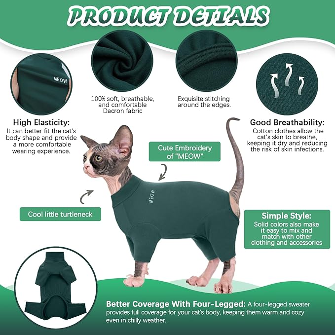 ROZKITCH Hairless Cat Clothes, Breathable Soft Jumpers for Cats Only, Coat with Four Legs, Warm Sweater T-Shirt Cat Pajamas Jumpsuit Vest Cornish Rex Devon Rex Peterbald DarkGreen 2XL