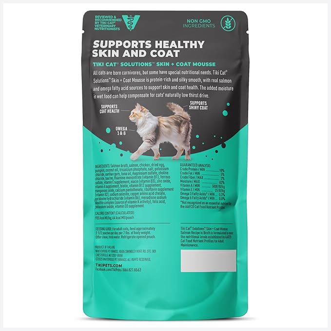 Tiki Cat Solutions Mousse Skin & Coat Mousse, Salmon Recipe, Specially Formulated with Omega Fatty Acids, Functional Wet Cat Food for Adult Cats, 2.4 oz. Pouch (12 Count)