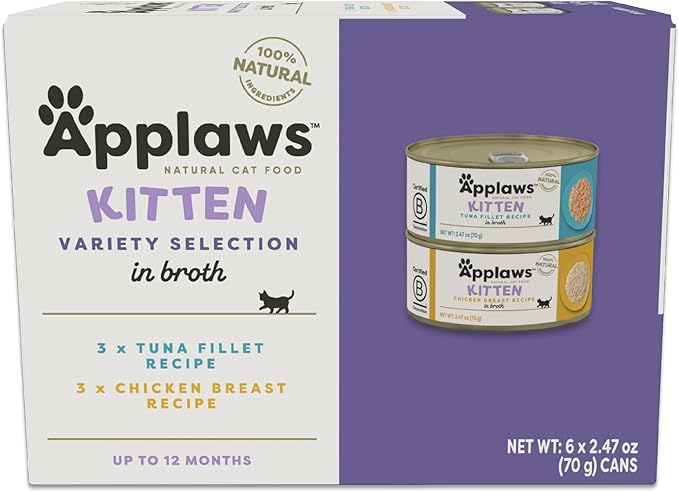 Applaws Natural Wet Kitten Food, Limited Ingredient, Grain-Free, Protein with No Artificial Additives,Variety Pack in Broth (24 x 2.47oz Cans)