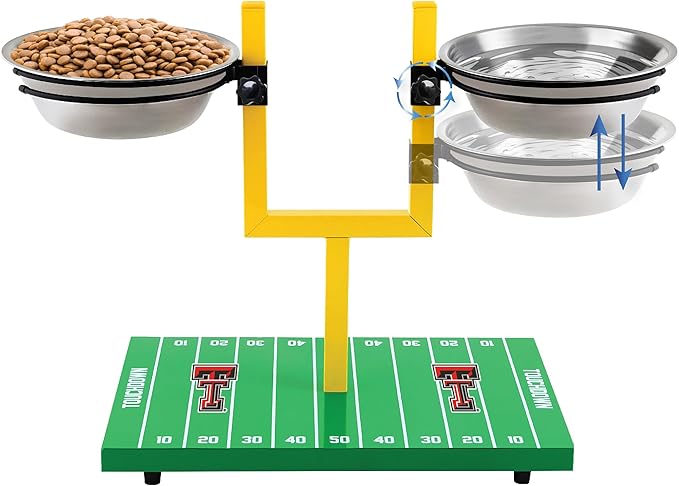 NCAA Texas Tech Raiders Goalpost Football Field Dog Feeder – Adjustable Elevated Dog Bowls with Stand, 2 Stainless Steel Bowls, Non-Slip Rubber Feet, Raised Pet Feeder for Large & Small Dogs
