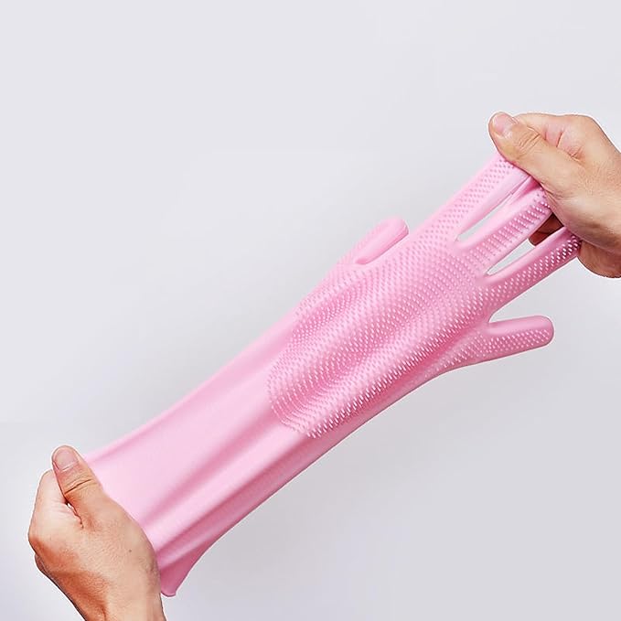 Pet Grooming Gloves，Heat-Resistant Silicone Gloves with High-Density Teeth for Enhanced Massaging and Bathing of Dogs and Cats (Pink, 2 Pair)