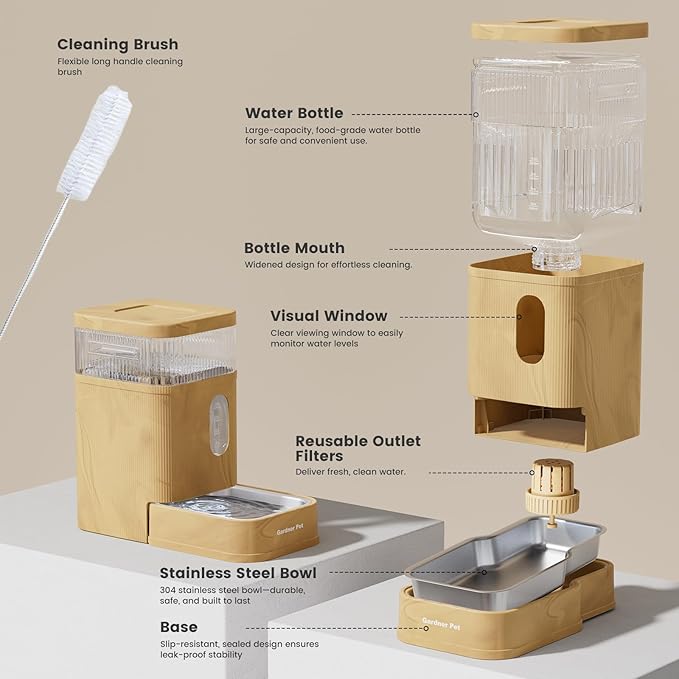 Gardner Pet Automatic Dog Water Dispenser Gravity Waterer with Stainless Steel Bowl Water Dispenser 8.5L Large Capacity Water Feeder for Dogs Cats Pets, BPA-Free Noise-Free (Light Brown, 8.5L)