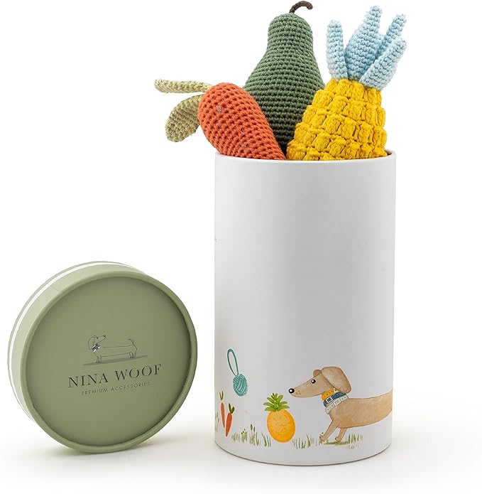 Organic Cotton Squeaky Dog Toys Fruits & Veggies Dog Toy Pack - Handmade Knit Dog Accessories, for Small Medium Dogs, Puppy Essentials and Puppy Toys Perfect Dog Gift