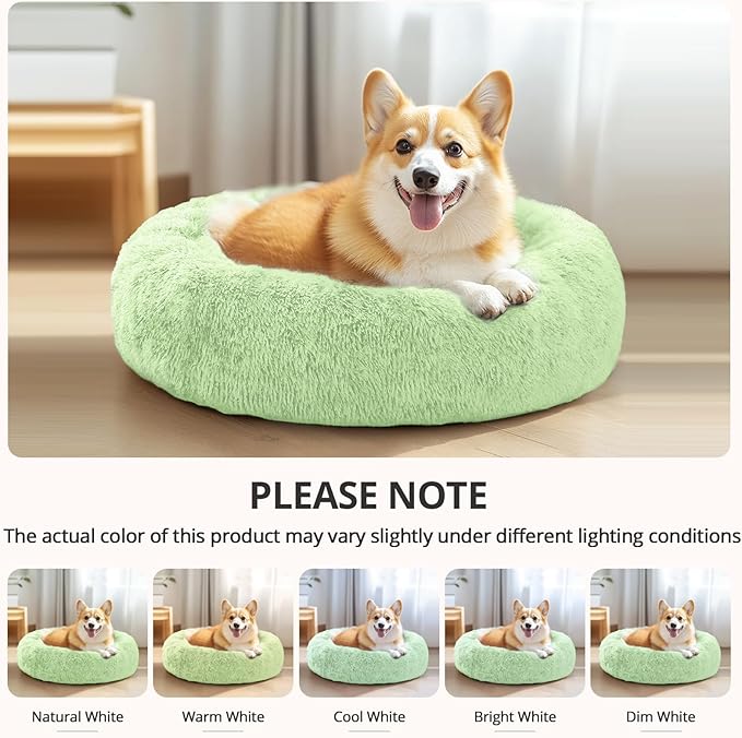 JOLLYVOGUE Small Dog & Cat Beds for Indoor Cats, Donut Cuddler Warming Soft Dog Beds with Anti-Slip Bottom, Round Calming Fluffy Plush Faux Fur Cushion Bed for Small Dogs (23", Light Green)