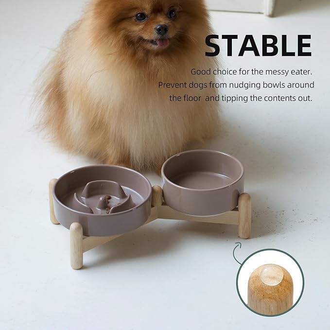 Ceramic Raised Slow Feeder Dog Bowl Set, Elevated 5.1inch Bowl and 6.1inch Puzzle Slow Pet Food Dish with Wooden Stand for Small Dog and Cat, Anti-Gulping (2X Brown Coffee+ Stand)