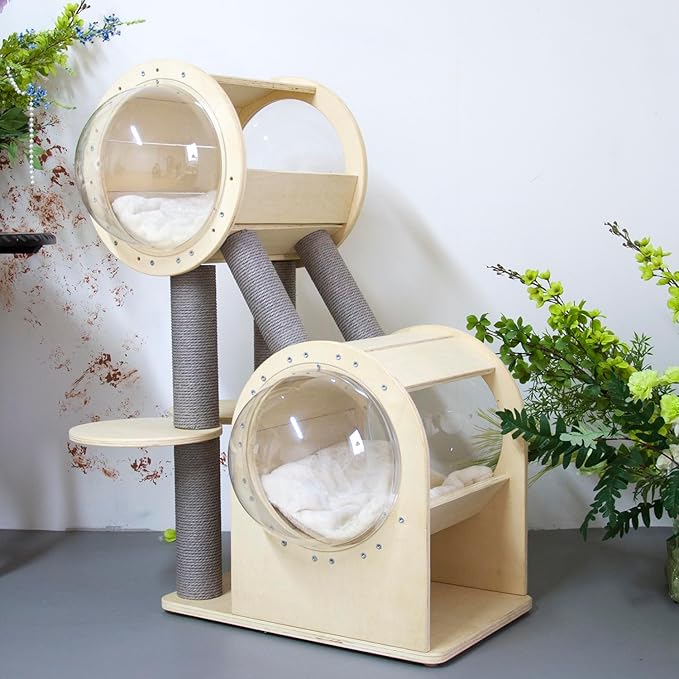 40.7 Inch Multi-Level Cat Tree with Scratching Posts and Space Capsule, Large Wooden Cat Tower for Indoor Cats, Stable Cat Climbing Furniture for Adult Cats