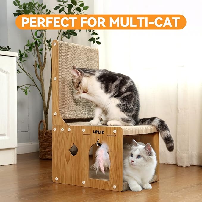 L-Shaped Double-Layer cat Scratching Board, Cardboard cat Scratching Post with Toys, Cat Scratcher & Hideaway for Indoor Cats to Scratch, Rest and Play