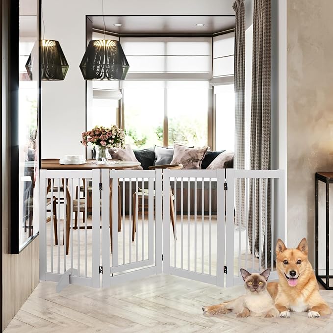 Wooden Freestanding Pet Gate, Pet Gate for Dogs, 29.5inch 4-Panel Wooden Dog Fence with 2 Support, Feet Folding Dog Gate for Indoor, Doorway, Stairs, Kitchen, 81.5“L×30”H (White)
