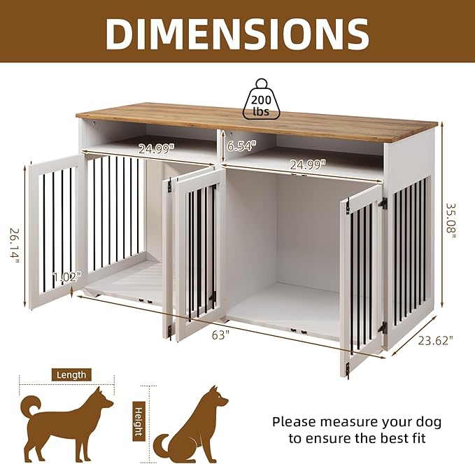 63'' Dog Crate Furniture for 2 Dogs, Wooden Dog Cage with Storage Compartment, Indoor Dog Kennel with 4 Doors for Large/Medium Dogs, White
