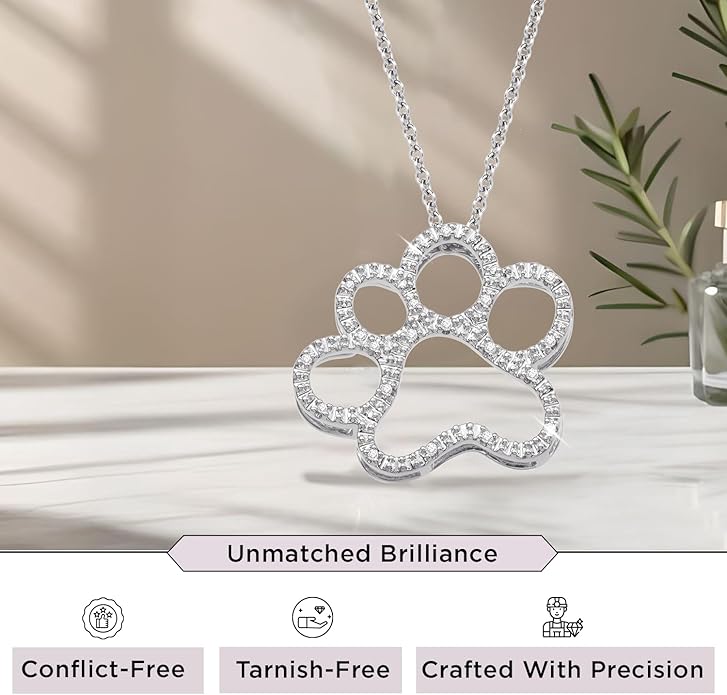Jewelili Sterling Silver or Yellow Gold Plated Sterling Silver Dog Paw Pendant Necklace for Women | Treated Black or Natural White Round Diamonds | 18" Rolo Chain | Luxury Jewelry Gift for Her | Gift Box Included