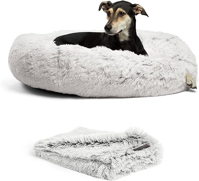 Best Friends by Sheri Bundle Set The Original Calming Shag Donut Cuddler Cat and Dog Bed + Pet Throw Blanket Frost Large 36" x 36"