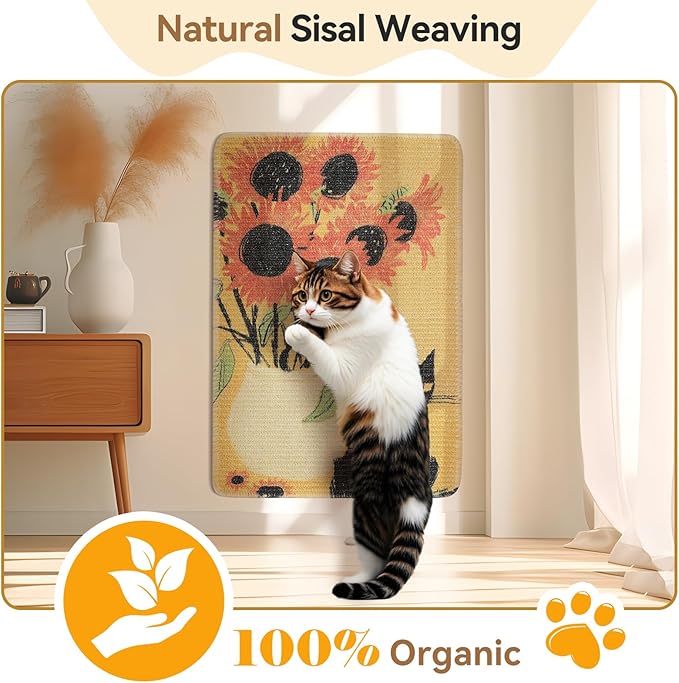 3-in-1 Sisal Cat Scratch Mat Sunflower 23.6x15.7'' Floor & Wall Cat Scratcher Pad, Protects Carpet Couch & Furniture with Sticker Tape, Anti-Slip, Durable for Indoor Outdoor Cats
