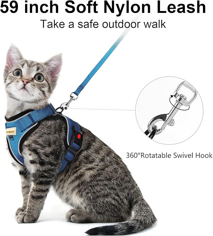Cat Harness and Leash for Walking, Retractable Cat Harnesses and Leash Set Escape Proof, Breathable Soft Kitten Small Large Harness for Travel Training and Walking, Blue, XXS