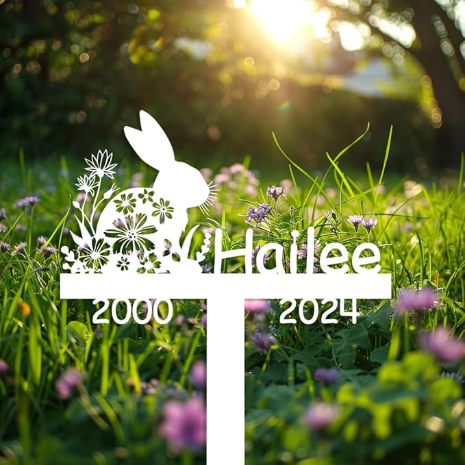 Custom Rabbit Memorial Garden Stake, Personalized Pet Plaque, Metal Engraved Sign with Stake, 8 Inches, Black