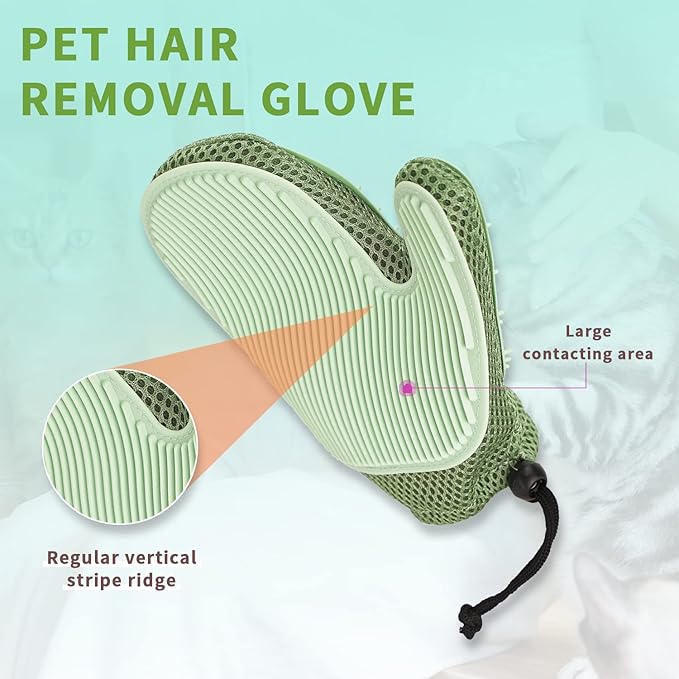 2 in 1 Pet Fur Glove & Cat Hair Remover Glove, Dog Grooming Glove Brush for Shedding, Massage, Efficient Pet Hair Remover Mitt for Couch, Carpet [Green/Single]
