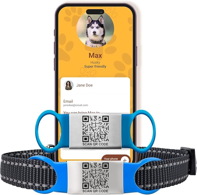 Smart Slide-On QR Code Pet Tag – Silent Dog & Cat ID Tag with Laser Engraving – Stainless Steel & Silicone – No App Needed – Custom Pet Profile – Fits Most Collars (Blue, Extra Large)