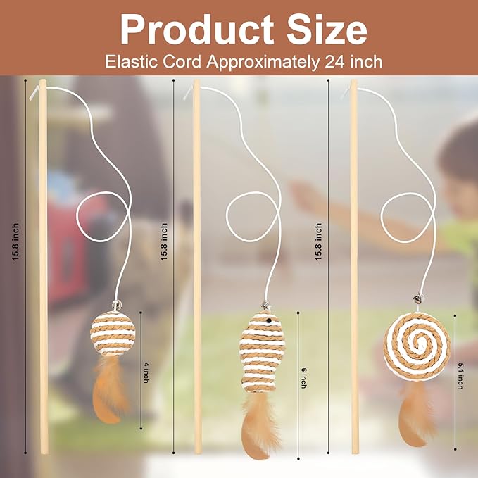15.8inch 3Pack Interactive Cat Wand Toy for Indoor Cats Teases for Bored Indoor Adult Cats to Chase and Exercise Solid Wood Bell Ball