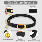 OOPSDOGGY Rolled Leather Cat Collar with Bell - Reflective Kitten Collar with Safety Elastic Strap - Adjustable Small Pet Collars for Boy Girl Cats (Black)