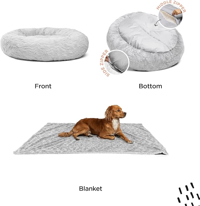 Best Friends by Sheri Bundle Set The Original Calming Lux Donut Cuddler Cat and Dog Bed + Pet Throw Blanket Gray Extra Large 45" x 45"