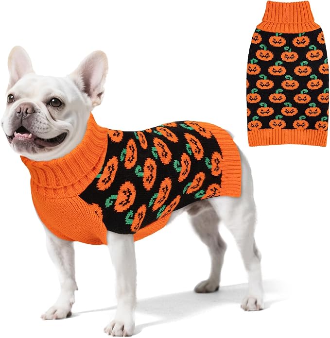 KYEESE Halloween Dog Sweater with Leash Hole Cute Pumpkin Design Winter Warm Turtleneck Cozy and Comfortable Orange Knitwear for Small Dogs Boy Fall Holiday Apparel Halloween Doggy Sweater, Large