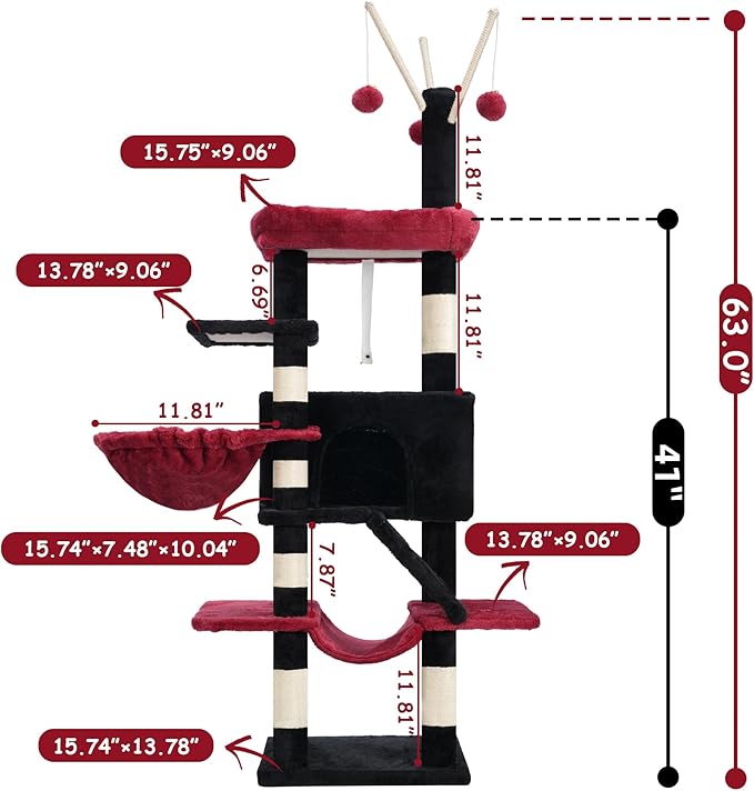 Cat Tree, Multi-Level Gothic Cat Tower for Indoor Cats, Cat Condo with Cat Scratching Post and Board, Cat Hammock, Black and Red GCT011BR