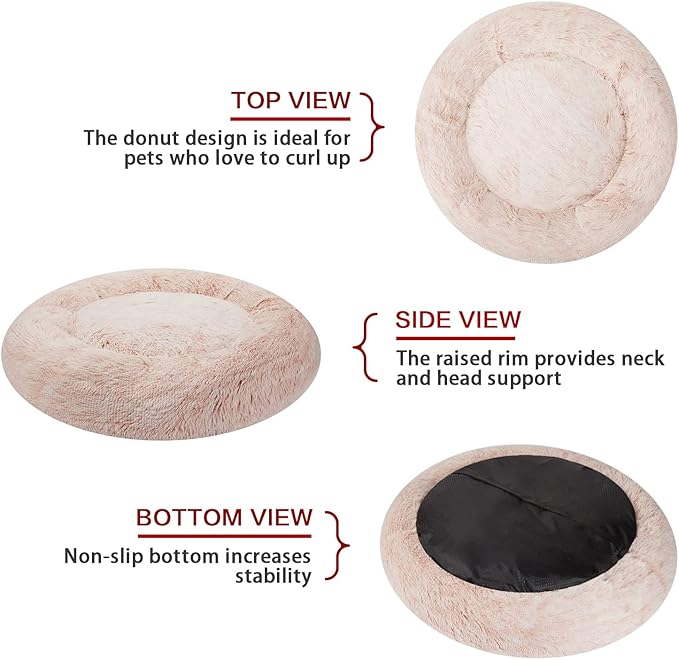 Bedfolks Calming Donut Dog Bed, 30 Inches Round Fluffy Dog Beds for Medium Dogs, Anti-Anxiety Plush Dog Bed, Machine Washable Pet Bed (Pink, Medium)