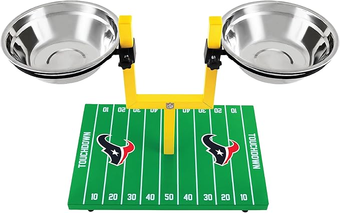 NFL Houston Texans Goalpost Football Field Dog Feeder – Adjustable Elevated Dog Bowls with Stand, 2 Stainless Steel Bowls, Non-Slip Rubber Feet, Raised Pet Feeder for Large & Small Dogs, Cats.