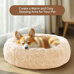 JOLLYVOGUE Calming Dog & Cat Bed for Large Dogs, Anti-Anxiety Donut Cuddler Cozy Soft Round Bed with Anti-Slip Bottom, Fluffy Faux Fur Plush Cushion Beds for Medium Dogs (36")
