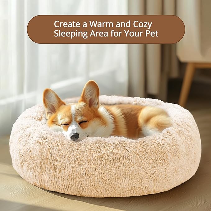 JOLLYVOGUE Calming Dog & Cat Bed for Small Dogs, Anti-Anxiety Donut Cuddler Cozy Soft Round Bed with Anti-Slip Bottom, Fluffy Faux Fur Plush Cushion Beds for Small Medium Dogs (27")