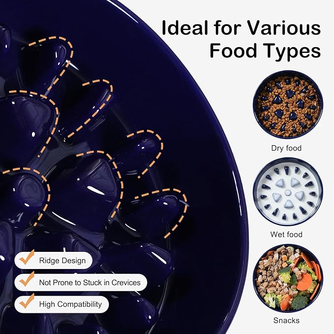 Sted Ceramic Slow Feeder Dog Bowls for Medium Large Breed, Slow Feeding Dog Bowl, Dog Food Bowls for Fast Eaters, Slow Down Eating, Puzzle Dog Food Bowl with Silicone Base, Maze Blue