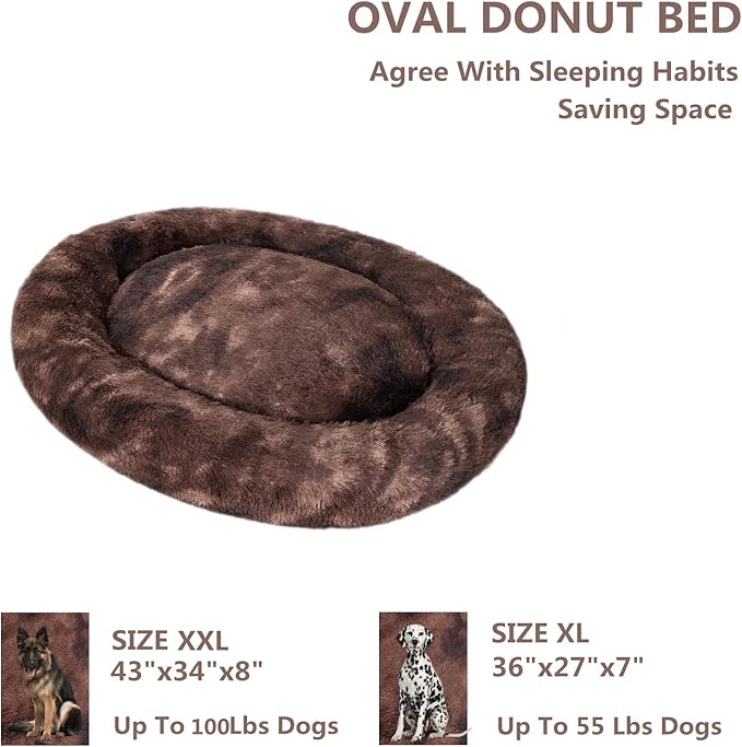 Oval Calming Donut Cuddler Dog Bed,Shag Faux Fur Cat Bed Washable Round Pillow Pet Bed(30"/36"/43") for Small Medium Dogs (XL(36"x27"x7"), Brown2021)