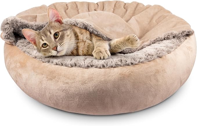 JOEJOY Small Dog Bed Cat Bed with Hooded Blanket, Cozy Cuddler Luxury Puppy Pet Bed, Donut Round Calming Anti-Anxiety Dog Burrow Cave Bed - Anti-Slip Bottom and Machine Washable 23 inch