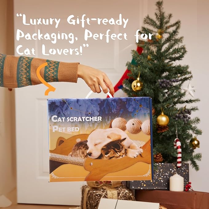 Cat Scratcher & Cats Scratch Pad with Sisal Ball – All-in-One Cats Couch Scratcher, Hammock, and Cat Bed for Indoor Cats, Wooden Cat Scratching Board Upgrade Edition