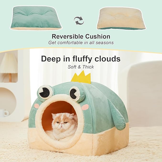 Jiupety Cat Beds for Indoor Cats, Cute Cat House for Cats and Puppy, Cute Cat Cave Bed with Removable Cushion, Large Cat Bed Cat Hideaway, 2-in-1 Cat Tent, M(17" × 17" × 17"), Green.