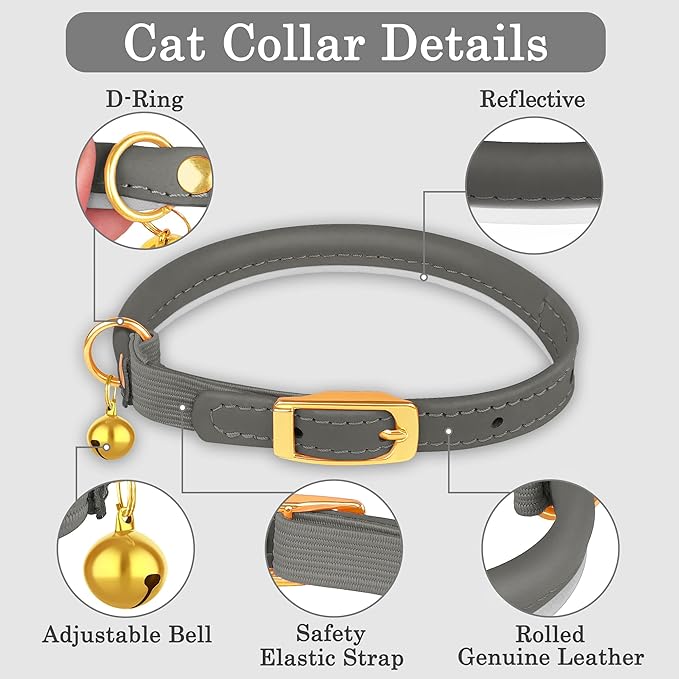OOPSDOGGY Rolled Leather Cat Collar with Bell - Reflective Kitten Collar with Safety Elastic Strap - Adjustable Small Pet Collars for Boy Girl Cats (Graphite)