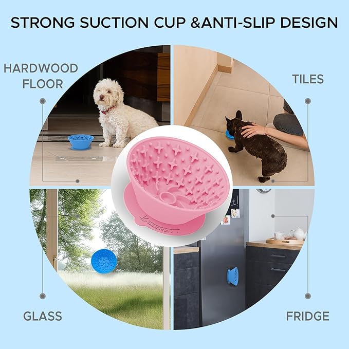 Dog Lick Bowl – Silicone Lick Mat for Dogs with Freeze Bone, Slow Feeder, Non-Slip Base, Includes Brush & Scraper, Large Opening for Anxiety Relief & Oral Health, Ideal for Frozen Treats (Pink)