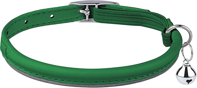 OOPSDOGGY Rolled Leather Cat Collar with Bell, Reflective Kitten Collars with Buckle Include Safety Elastic Strap - Adjustable Small Pet Collars for Boy Girl Cats (Green)