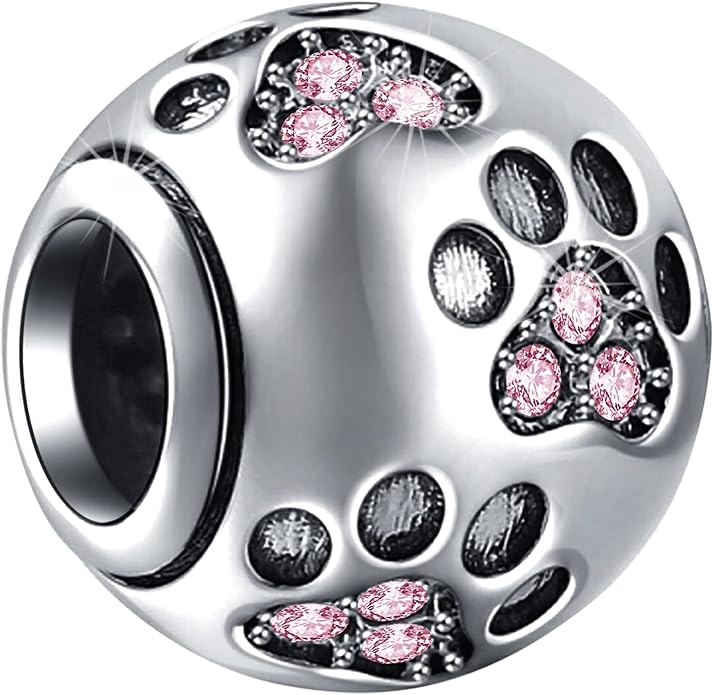 EMOSTAR Dog Paw Print Charms with Various Birthstone Crystals, 925 Sterling Silver Pawprint Beads for 3mm Snake Chain, Pet Lover Gifts for European Women Bracelet