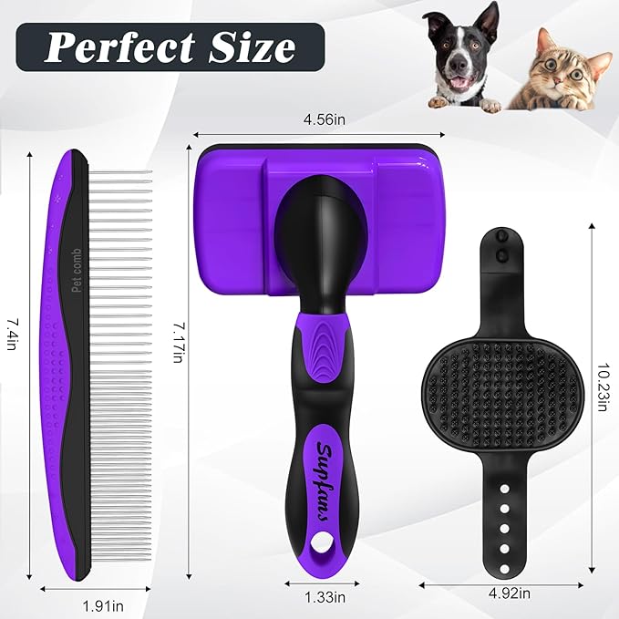 3PCS Dog Grooming Kit - Deshedding Dog Brush, Self Cleaning Slicker Brush, Bath Brush and Comb, Suitable for Hair Removal and Bathing of Dogs & Cats (Purple Black)