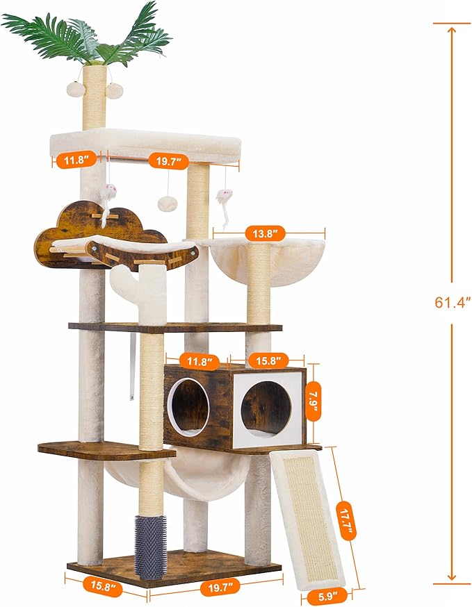 Heybly Wood Cat Tree for Indoor Cats, Cat Condo for Large Cats with Self Groomer, Modern Cat Scratching Tower with Basket, Hammock, Dangling Ball and Leaves, Rustic Brown HCT120SR