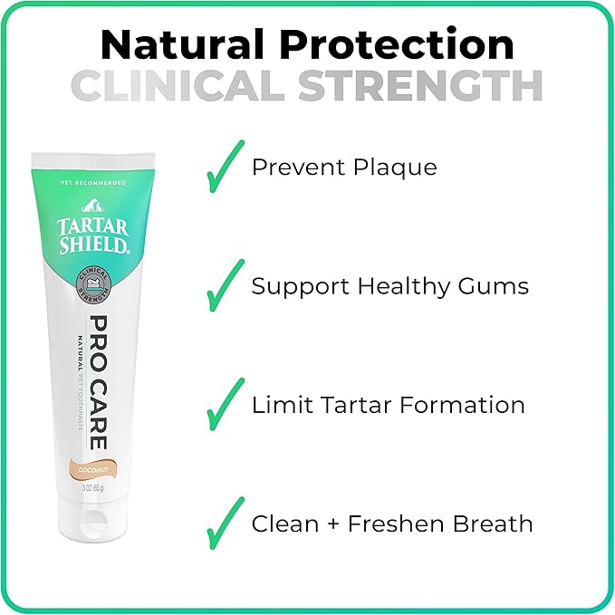 Tartar Shield Pro Care – Natural Enzymatic Pet Toothpaste Kit – Protects Against Plaque & Tartar - Freshens Breath & Removes Stains – Cleans Teeth and Gums – for Dogs & Cats - Coconut Flavor, 3 Oz.