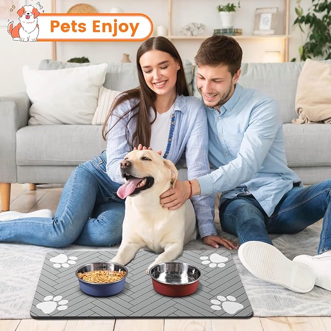 Pet Feeding Mat-Absorbent Pet Placemat for Food and Water Bowl, with Waterproof Rubber Backing, Quick Dry Water Dispenser Mat for Dog and Cat (16"x24", Striped Light Gray)