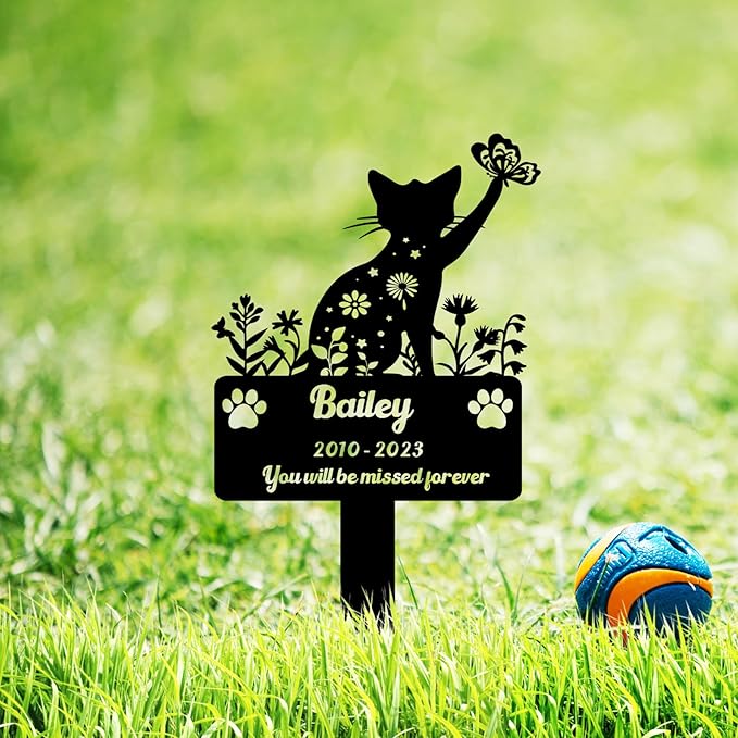 Custom Pet Cat Memorial Grave Marker, Personalized Flowers Cat Memorial Grave Marker Metal Art Cat Remembrance Loss Gift, Customized Butterfly Cat Memorial Engraved Sign with Stake