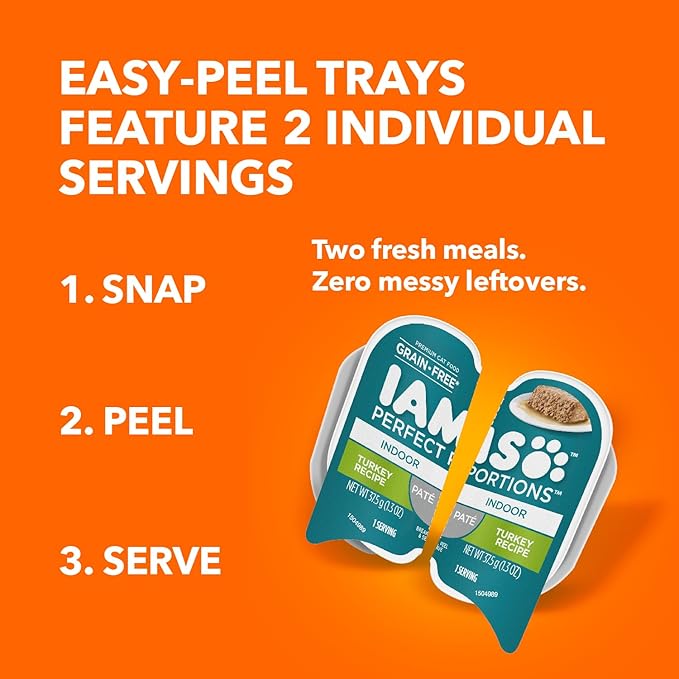 IAMS Perfect Portions Indoor Adult Grain Free Wet Cat Food Pate, Turkey Recipe, 2.6 oz. Twin-Pack Trays (24 Count, 48 Servings)