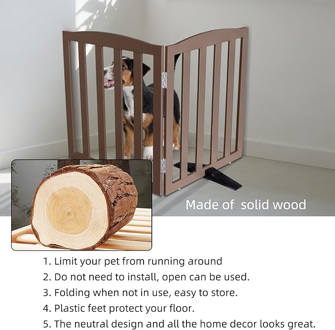 ZJSF Foldable Freestanding Indoor Dog Gate for House Wood Long Pet Gates Dog Fence for Stairs Puppy Gates for Hallways, Puppy Gate,Support Feet Included, Brown, 32 "Height-2 Panels